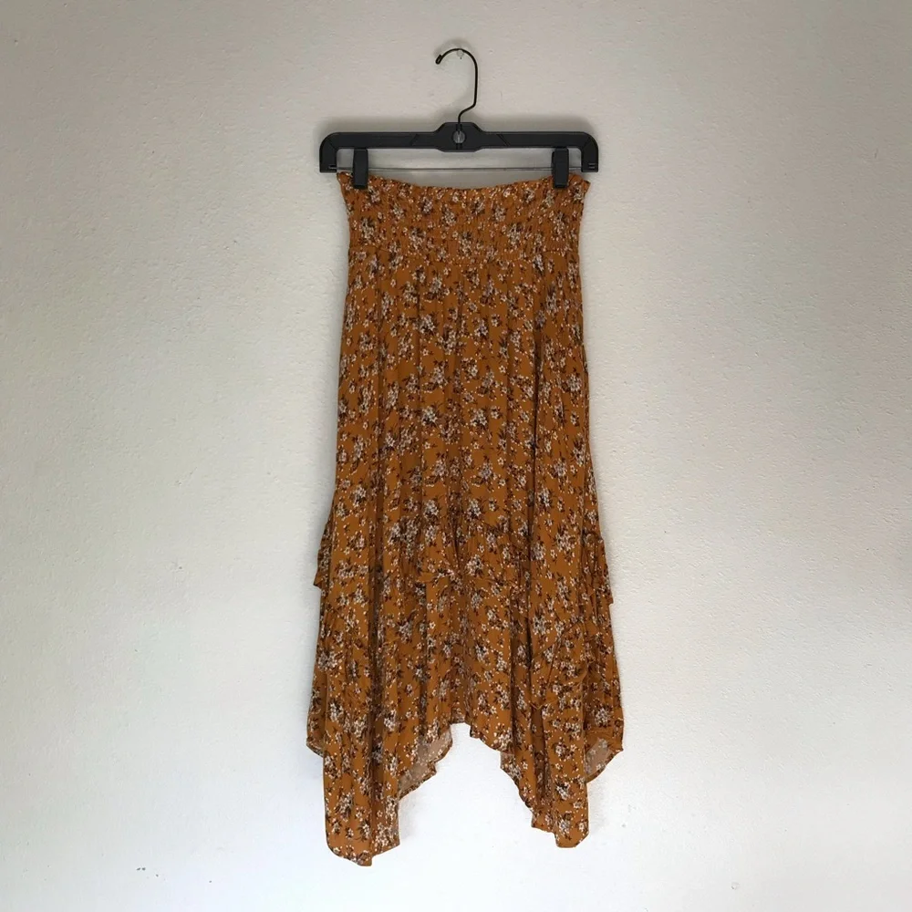 Floral Mustard Ruffle Hem Midi Skirt - M - Picture 7 of 8